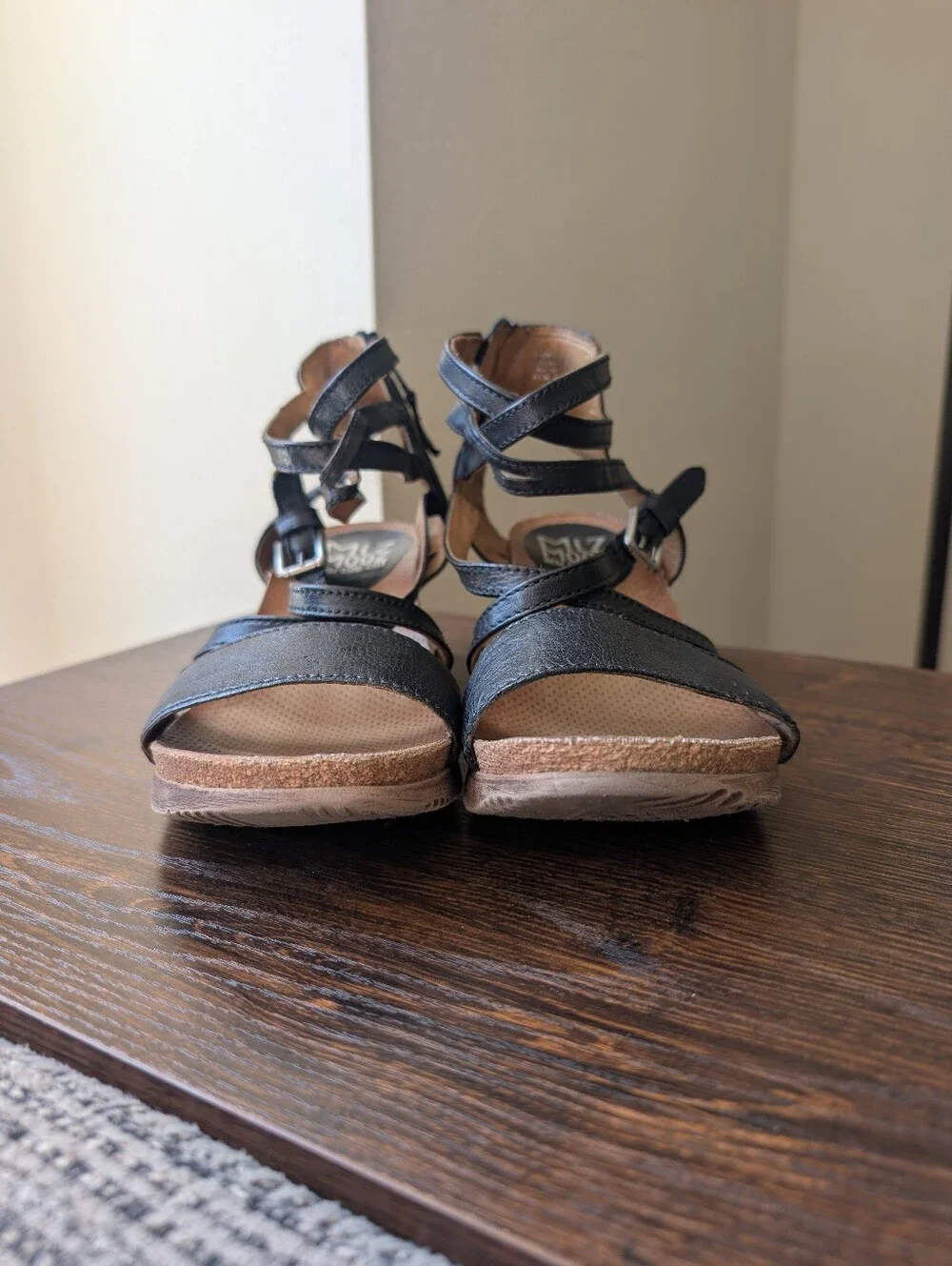 Miz Mooz Shay Black Leather Strappy Wedge Sandals